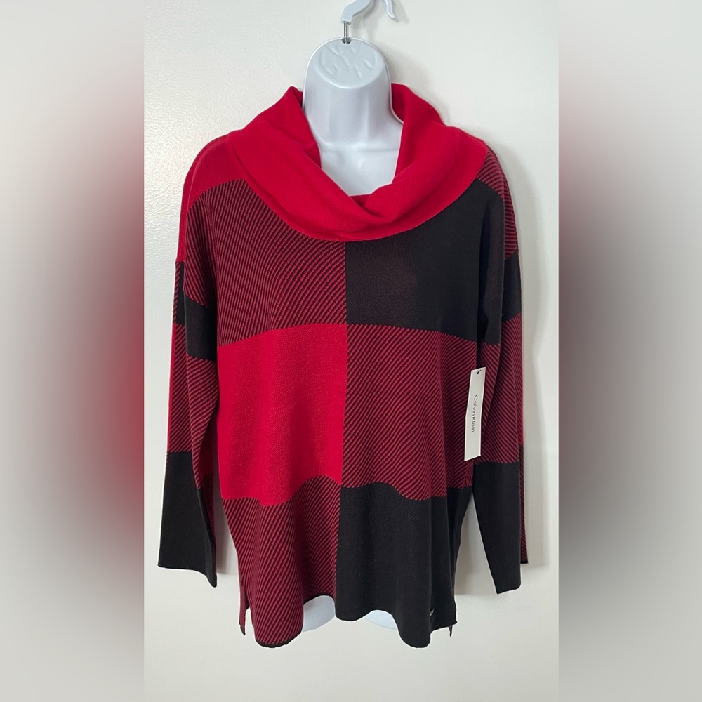 NWT Calvin Klein Knit Cowl Neck Red/Black Plaid Sweater Size S
